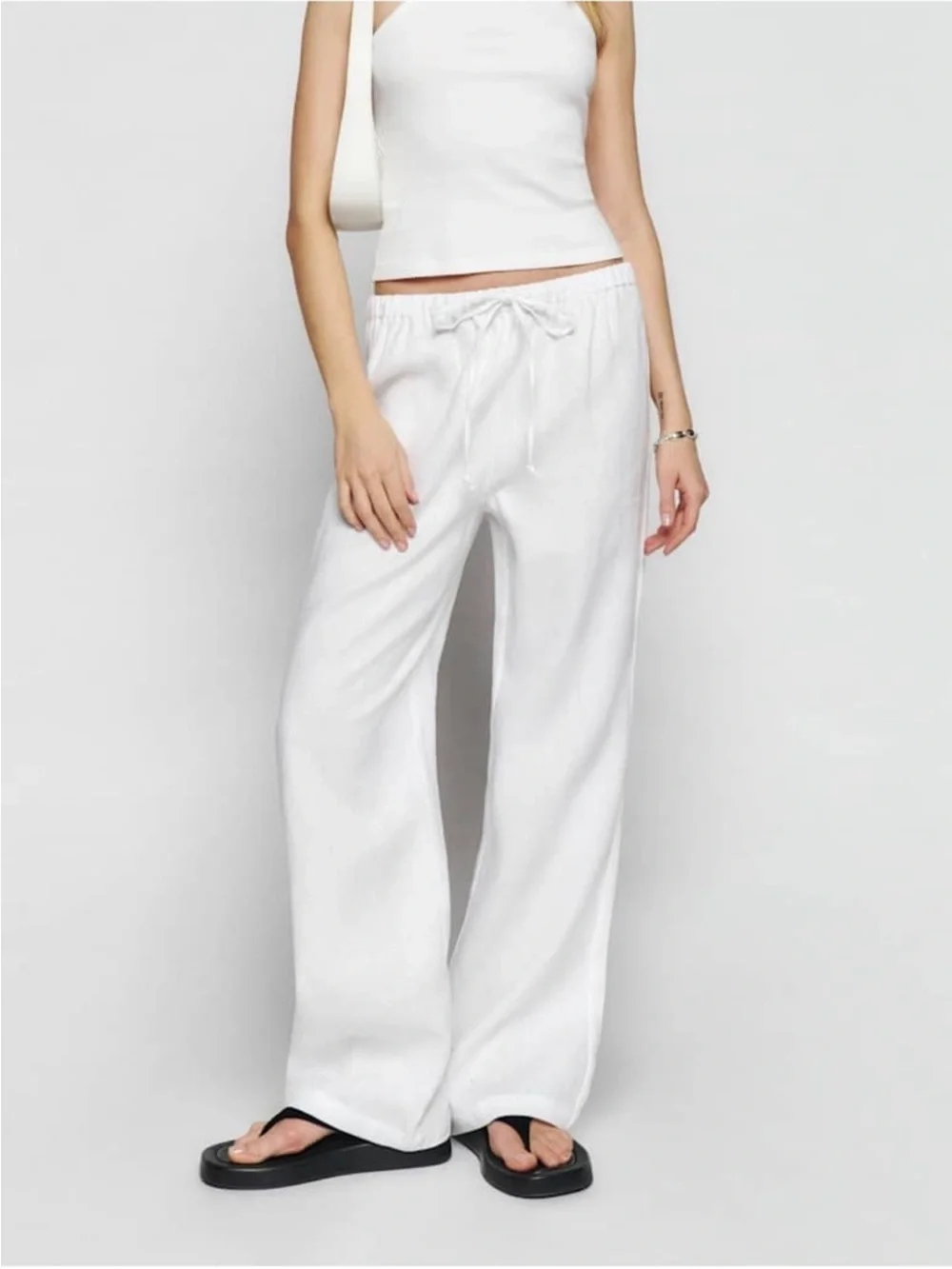 Reformation Olina White Linen Straight Leg Pants Petite Short Length